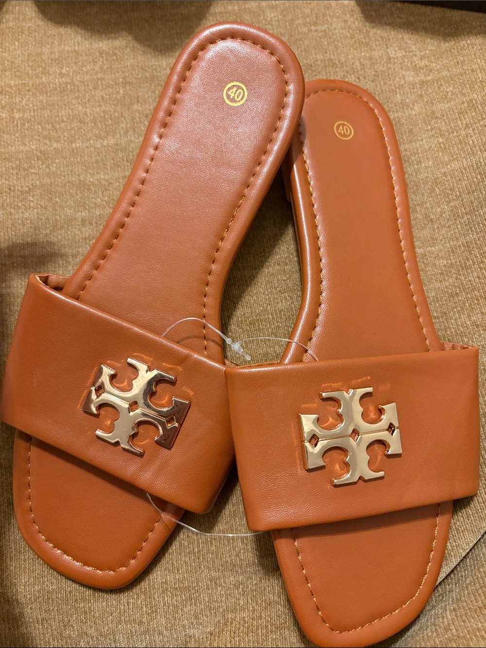 Women's Tan Slide Sandals with Gold Logo Accent